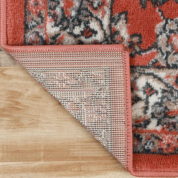 Superior Indoor Runner Rug, with Jute Backing, Chic Bordered Floor Decor for Living Room, Bedroom, Office, Entryway, Kitchen, Dining, Floral Design, Lille Collection, 2' 7" x 8', Salmon