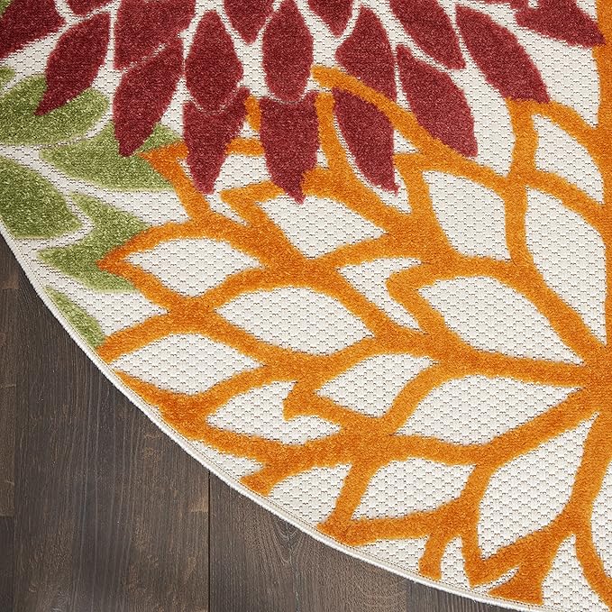 Nourison Aloha 94" Round Fabric Indoor/Outdoor Rug in Red Multi-Color