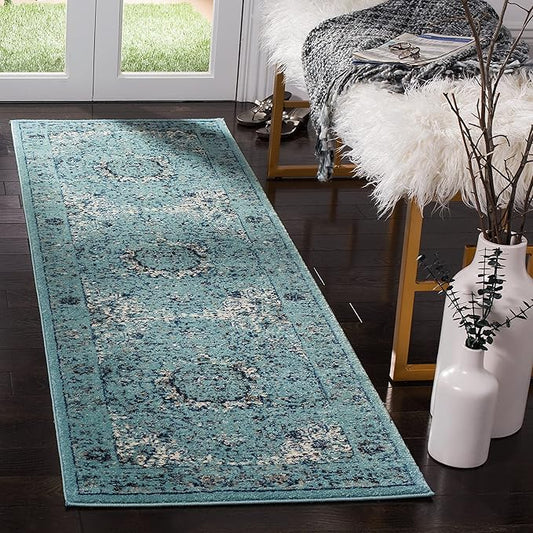 SAFAVIEH Evoke Collection 2'2" x 9' Light Blue / Light Blue EVK220E Shabby Chic Oriental Medallion Non-Shedding Living Room Entryway Foyer Hallway Bedroom Runner Rug