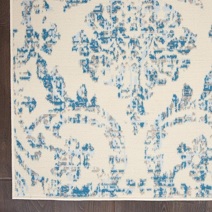 Nourison Jubilant Damask Ivory/Blue 4' x 6' Area -Rug, Easy -Cleaning, Non Shedding, Bed Room, Living Room, Dining Room, Kitchen (4x6)