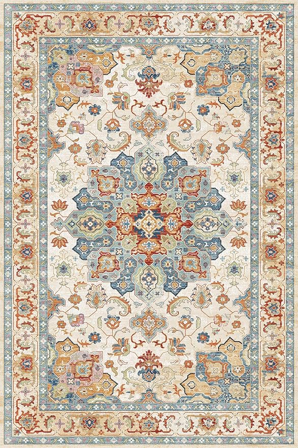 Yancorp 3'x5' Boho Area Rug for Bedroom Non Slip Washable Rug Vintage Carpet Living Room Non-Shedding Indoor Floor Mats Bedroom Kitchen Entryway Rugs-Rectangular Blue Red