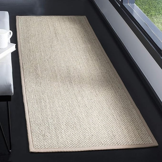 SAFAVIEH Natural Fiber Collection Runner Rug - 2'6" x 12', Marble & Linen, Border Sisal Design, Easy Care, Ideal for High Traffic Areas in Living Room, Bedroom (NF143B)