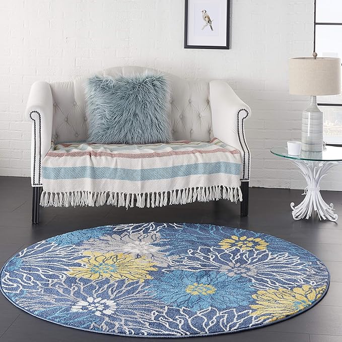 Nourison Passion Blue 5'3" x Round Area Rug, Floral, Farmhouse, Easy Cleaning, Non Shedding, Bed Room, Living Room, Dining Room, Kitchen, (5' Round)