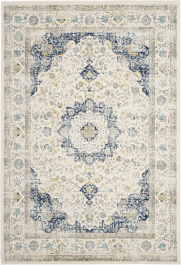 SAFAVIEH Evoke Collection X-Large Area Rug - 12' x 18', Ivory & Blue, Shabby Chic Oriental Medallion Design, Non-Shedding & Easy Care, Ideal for High Traffic Areas in Living Room, Bedroom (EVK220C)