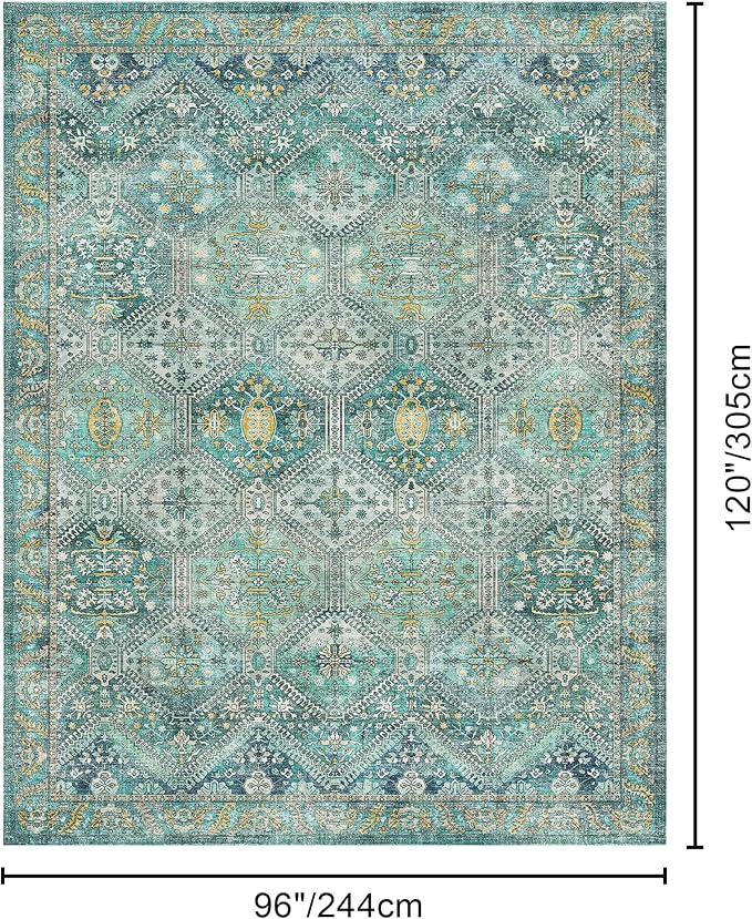 Bavni 8x10 Area Rugs for Living Room, Machine Washable Rug Non Slip, Vintage Chenille Distressed Print Carpet, Large Low Pile Ultra-Thin Lightweight Rugs for Bedroom, Dining Room, Home, Office, Cyan