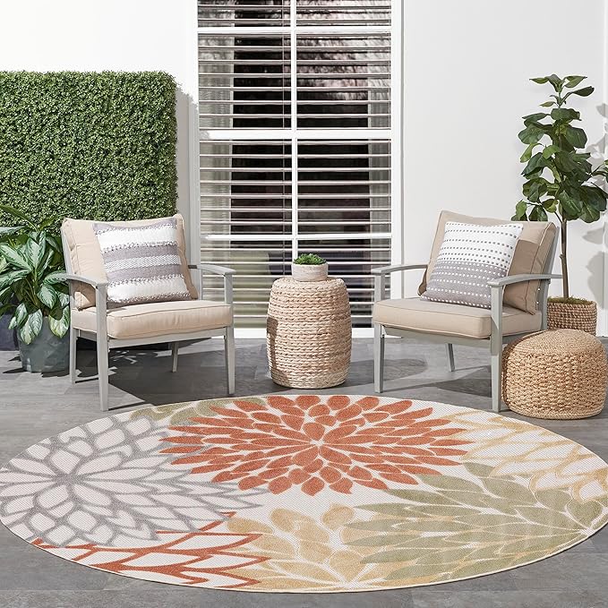 Nourison Aloha 63x63 Outdoor Polypropylene Fabric Rug in Ivory/Multi-Color
