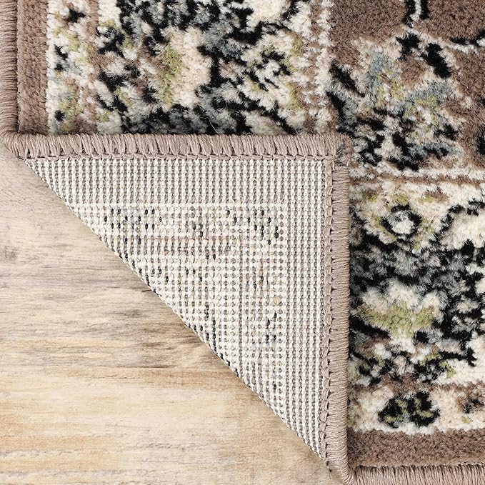 Superior Indoor Runner Rug, with Jute Backing, Chic Bordered Floor Decor for Living Room, Bedroom, Office, Entryway, Kitchen, Dining, Floral Design, Lille Collection, 2' 7" x 12', Brown