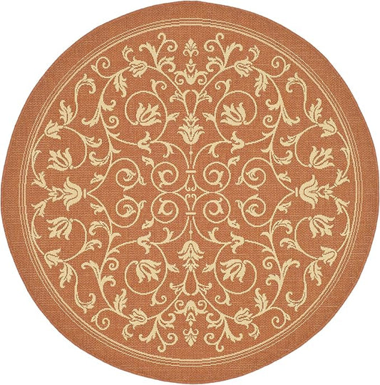 SAFAVIEH Courtyard Collection 6'7" Round Terracotta / Natural CY2098 Scroll Indoor/ Outdoor Splashproof Easy Scrubbing Patio Backyard Mudroom Area Rug