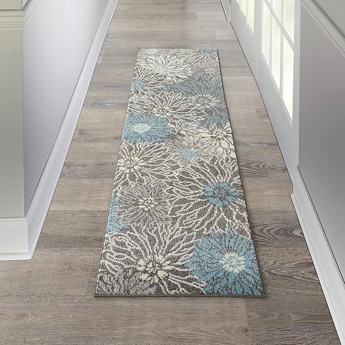 Nourison Passion Charcoal/Blue 2'2" x 7'6" Area Rug, Floral, Farmhouse, Easy Cleaning, Non Shedding, Bed Room, Living Room, Dining Room, Kitchen, (8' Runner)