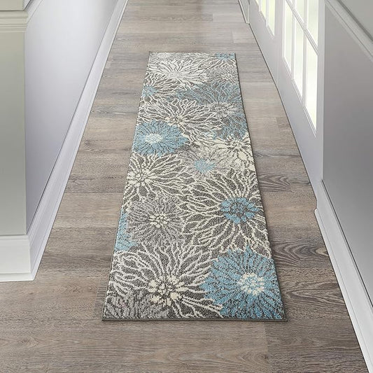 Nourison Passion Charcoal/Blue 2'2" x 7'6" Area Rug, Floral, Farmhouse, Easy Cleaning, Non Shedding, Bed Room, Living Room, Dining Room, Kitchen, (8' Runner)
