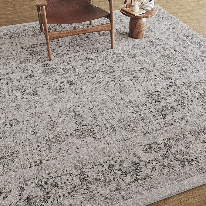 Black Area Rug 5x7 Machine Washable Vintage Living Room Distressed Non Slip Carpet Traditional Indoor Bedroom Retro Floral Accent Throw Large Rug Office Kitchen Bathroom Dining Room
