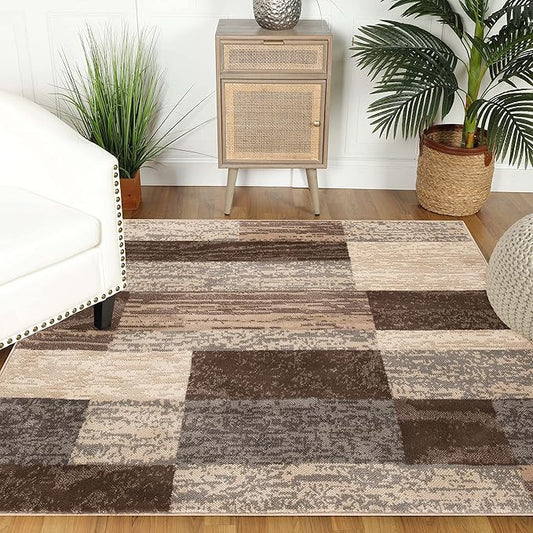 SUPERIOR Indoor Area Rug, Jute Backed, Modern Geometric Patchwork Floor Decor for Bedroom, Office, Living Room, Entryway, Hardwood Floors, Rockwood Collection, 8' x 8' Square, Slate