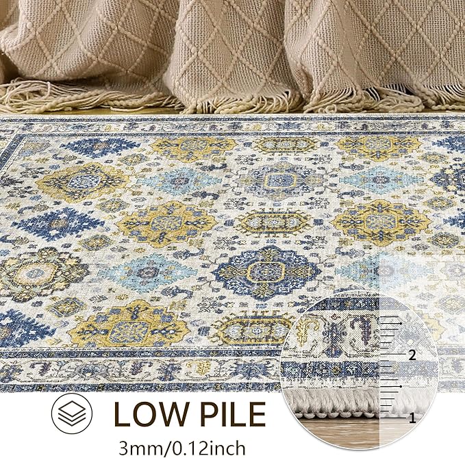 2x5 Runner Rug Non Slip, Machine Washable Rug Runners for Hallways, Vintage Distressed Print Kitchen Runner, Low Pile Lightweight Carpet Runner for Entryway, Laundry, Bedroom, Bathroom Ivory Blue