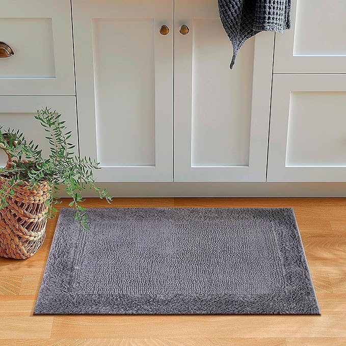 Savi Home Bath Mat Rug 17x24 Charcoal Grey, 100% Pure Cotton, Super Soft White, Plush & Absorbent, Hand Tufted Heavy Weight Construction, Full Reversible Step Out Rugs