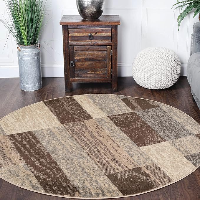 SUPERIOR Indoor Area Rug, Jute Backed, Modern Geometric Patchwork Floor Decor for Bedroom, Office, Living Room, Entryway, Hardwood Floors, Rockwood Collection, 5' Round, Slate