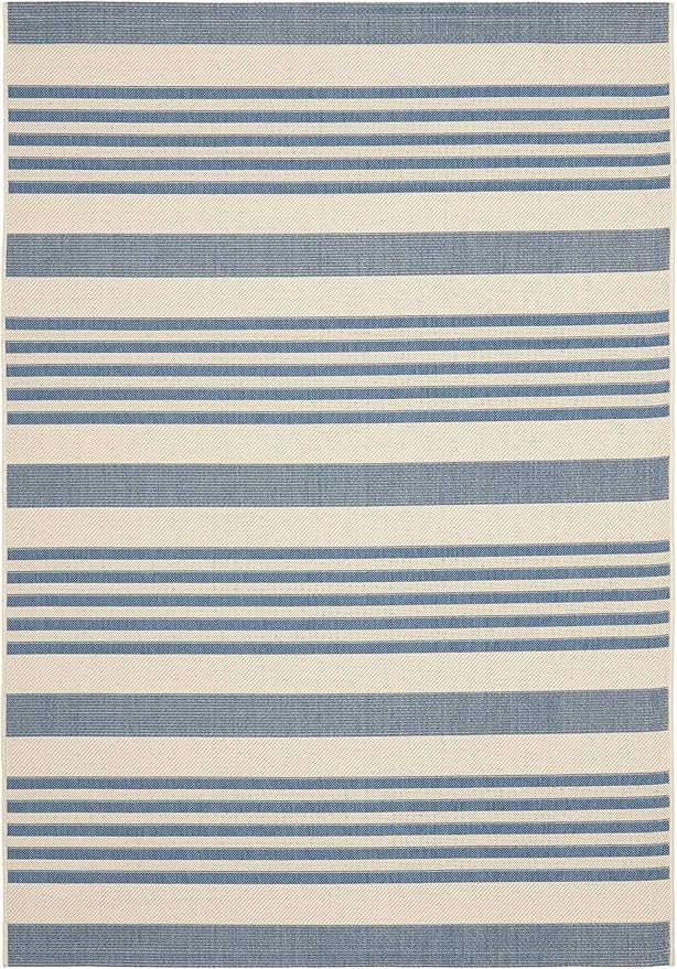 SAFAVIEH Courtyard Collection 6'7" x 9'6" Beige/Blue CY6062 Stripe Indoor/ Outdoor Waterproof Easy Cleaning Patio Backyard Area Rug