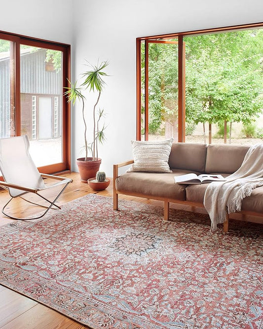 Loloi II Wynter Collection WYN-05 Tomato/Teal 2'-3" x 3'-9", .13" Thick, Accent Rug, Soft, Durable, Printed, Vintage Inspired, Low Pile, Non-Shedding, Easy Clean, Living Room Rug