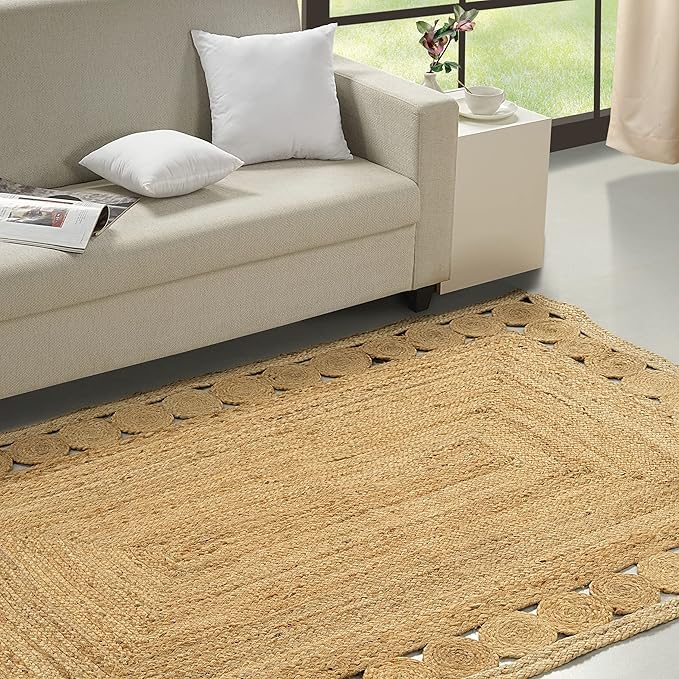 GRUHUM Jute Area Rug 8'x10'ft Scalloped Natural Fibre Handwoven Boho Farmhouse Vintage Soft Braided Rustic Vintage Large Rugs for Living Room Indoor Kitchen Bedroom Hallways Enterways 8x10ft