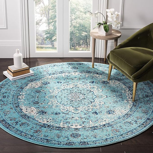 SAFAVIEH Evoke Collection 3' Round Light Blue / Light Blue EVK220E Shabby Chic Oriental Medallion Non-Shedding Dining Room Entryway Foyer Living Room Bedroom Area Rug