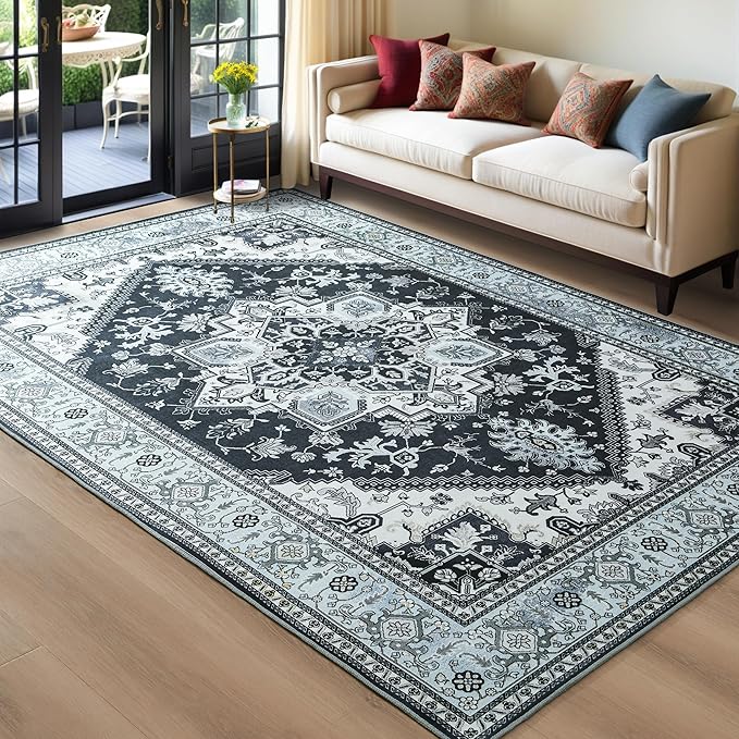 YJ.GWL Large Area Rug for Living Room, 5x7 Machine Washable Boho Rug for Bedroom, Low Pile Lightweight Thin Rugs Floral Vintage Distress Print Pattern Carpet for Dining Room, Clear Blue/Grey