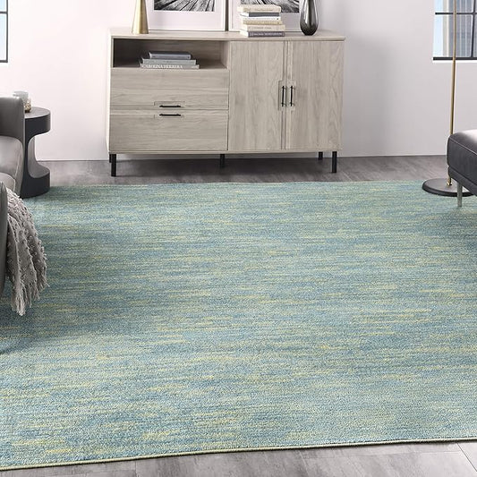 Nourison Essentials Indoor/Outdoor Blue Green 9' x Square Area Rug, Easy Cleaning, Non Shedding, Bed Room, Living Room, Dining Room, Backyard, Deck, Patio (9 Square)