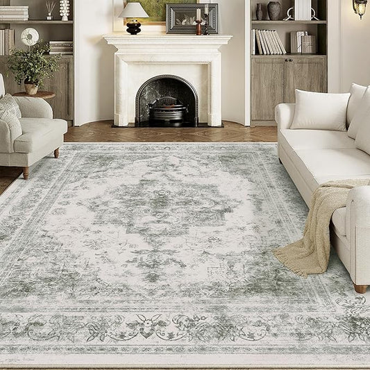 Washable Rug 6x9 Area Rug for Living Room Gray Vintage Boho Medallion Large Grey Distressed Retro Carpet Non Slip Indoor Low Pile Small Soft Bedroom Dining Room Home Office
