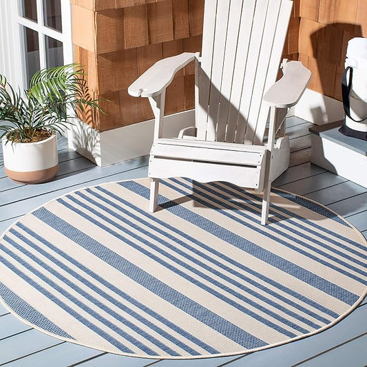 SAFAVIEH Courtyard Collection 7'10" Round Beige/Blue CY6062 Stripe Indoor/ Outside Waterproof Easy cleansingPatio Backyard Mudroom Area Mat