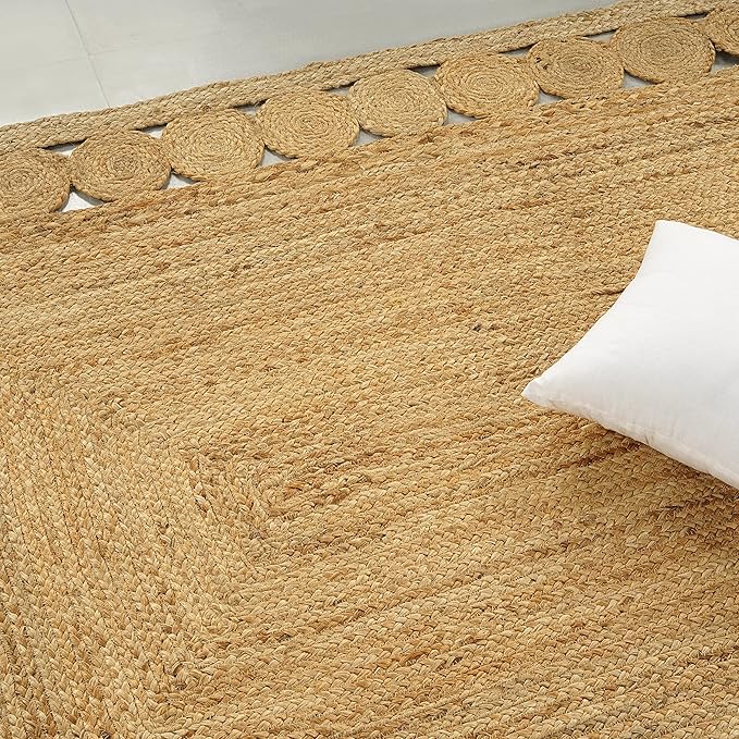 GRUHUM Jute Area Rug 8'x10'ft Scalloped Natural Fibre Handwoven Boho Farmhouse Vintage Soft Braided Rustic Vintage Large Rugs for Living Room Indoor Kitchen Bedroom Hallways Enterways 8x10ft