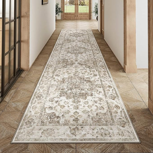 2x8 Washable Neutral Runner Rug Brown Hallway Kitchen Non-Slip Low Pile Floral Carpet Vintage Soft Thin Throw Rug for Bathroom Bedroom Entryway Laundry Dining Room