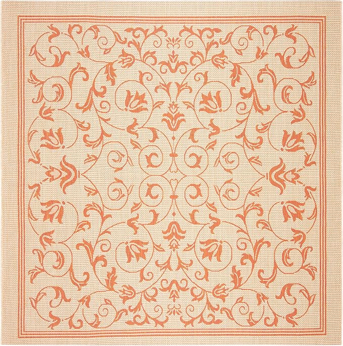 SAFAVIEH Courtyard Collection 6'7" Square Natural / Terra CY2098 Scroll Indoor/ Outdoor Waterproof Easy-Cleaning Patio Backyard Mudroom Area-Rug