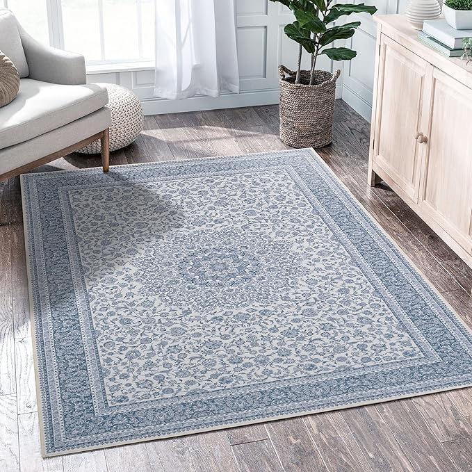 Floral Washable Area Rug 4x6, Spill-Proof Surface, Non-Slip Backing, Cozy Soft Faux Wool, Printed Rug for Entryway, Living Room, Bedroom- Ieve