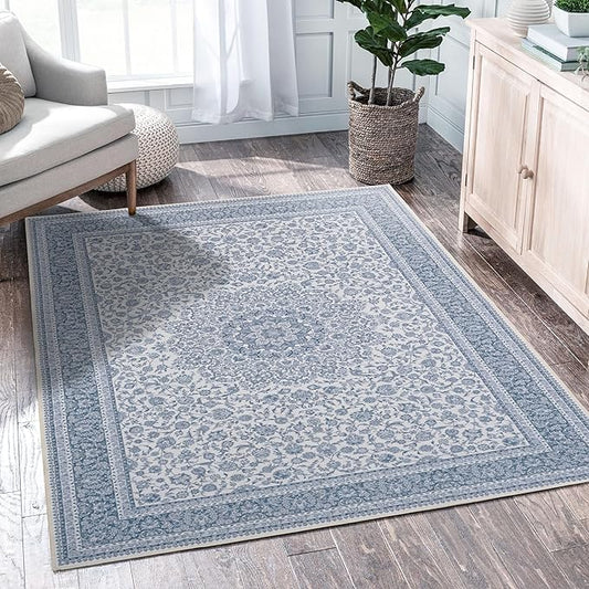 Floral Washable Area Rug 4x6, Spill-Proof Surface, Non-Slip Backing, Cozy Soft Faux Wool, Printed Rug for Entryway, Living Room, Bedroom- Ieve