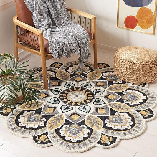 SAFAVIEH Novelty Collection Area Rug - 10' Round, Ivory & Black, Handmade Boho Floral Rustic Country Wool, Ideal for The Living Room, Dining Room, Bedroom (NOV604Z-10R)