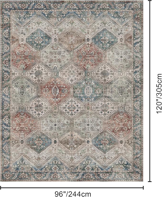 Bavni 8x10 Area Rugs for Living Room, Machine Washable Rug Non Slip, Vintage Chenille Distressed Print Carpet, Large Low Pile Ultra-Thin Lightweight Rugs for Bedroom, Dining Room, Home, Office, Red