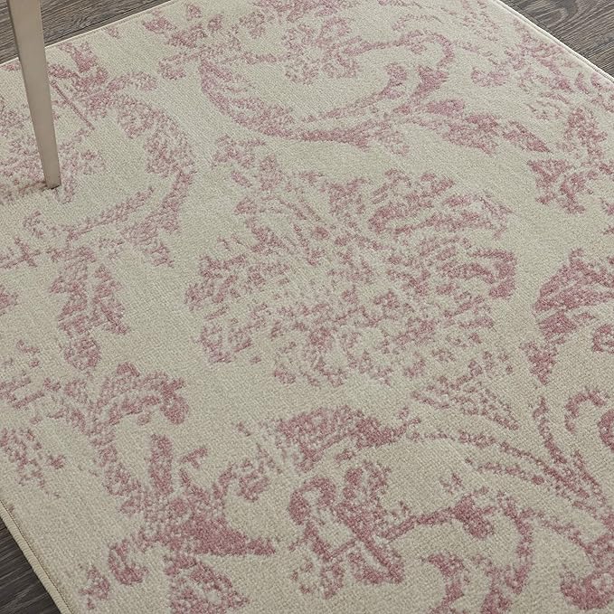 Nourison Jubilant Damask Ivory/Pink 3' x 5' Area -Rug, Easy -Cleaning, Non Shedding, Bed Room, Living Room, Dining Room, Kitchen (3x5)