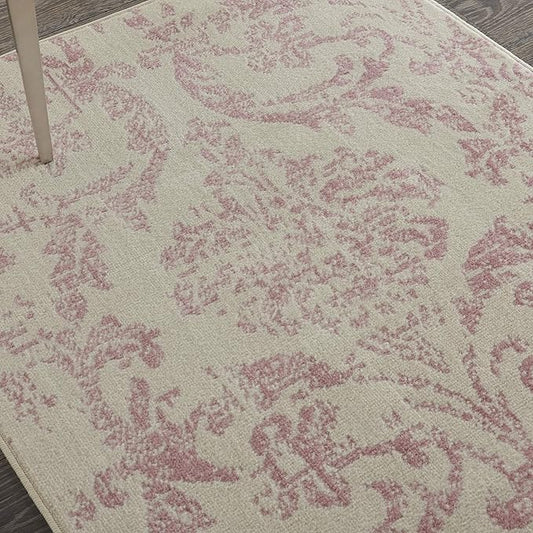 Nourison Jubilant Damask Ivory/Pink 3' x 5' Area -Rug, Easy -Cleaning, Non Shedding, Bed Room, Living Room, Dining Room, Kitchen (3x5)