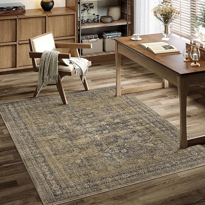 4x6 Brown Black Area Rug Washable Vintage Distressed Office Carpet Low Pile Entryway Non Slip Indoor Soft Retro Entrance Throw Accent Rug for Kitchen Bathroom Bedroom Dining Living Room
