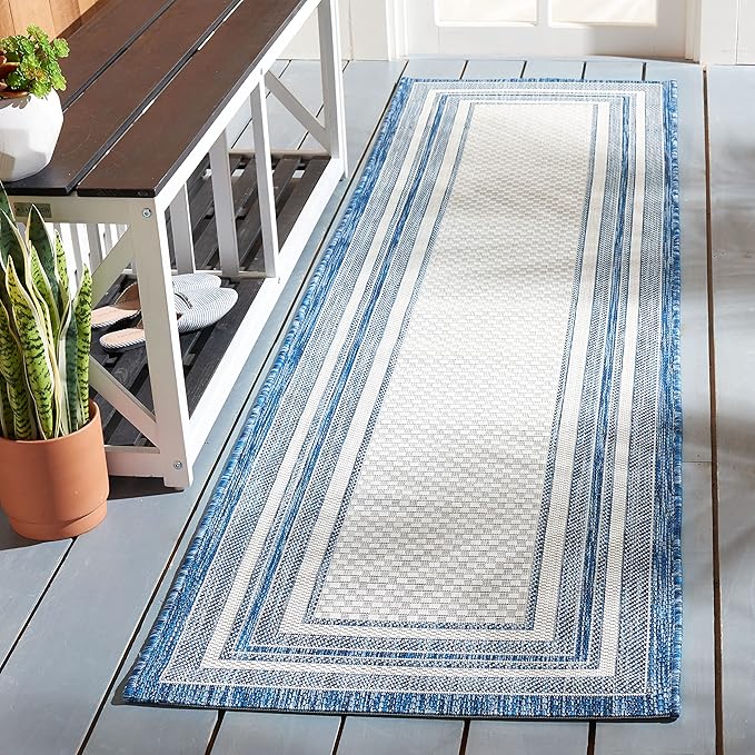 SAFAVIEH Courtyard Collection Runner - 2'3" x 16', Ivory & Navy, Indoor/Outdoor, Weather Resistant & Washable, Ideal for Patio, Backyard, Mudroom, Deck (CY8475)