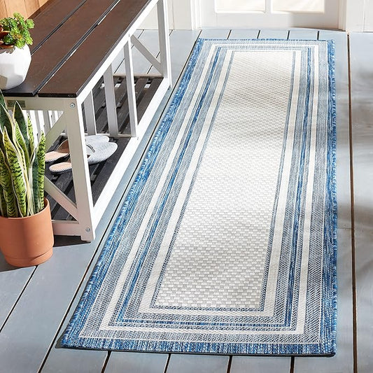 SAFAVIEH Courtyard Collection Runner - 2'3" x 16', Ivory & Navy, Indoor/Outdoor, Weather Resistant & Washable, Ideal for Patio, Backyard, Mudroom, Deck (CY8475)