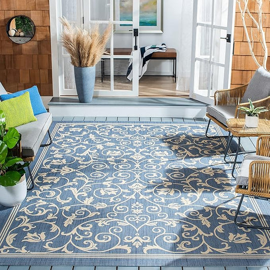 SAFAVIEH Courtyard Collection Area Rug - 7'1 Square, Blue & Natural, Scroll Design, Non-Shedding & Easy Care, Indoor/Outdoor & Washable-Ideal for Patio, Backyard, Mudroom (CY2098-3103)