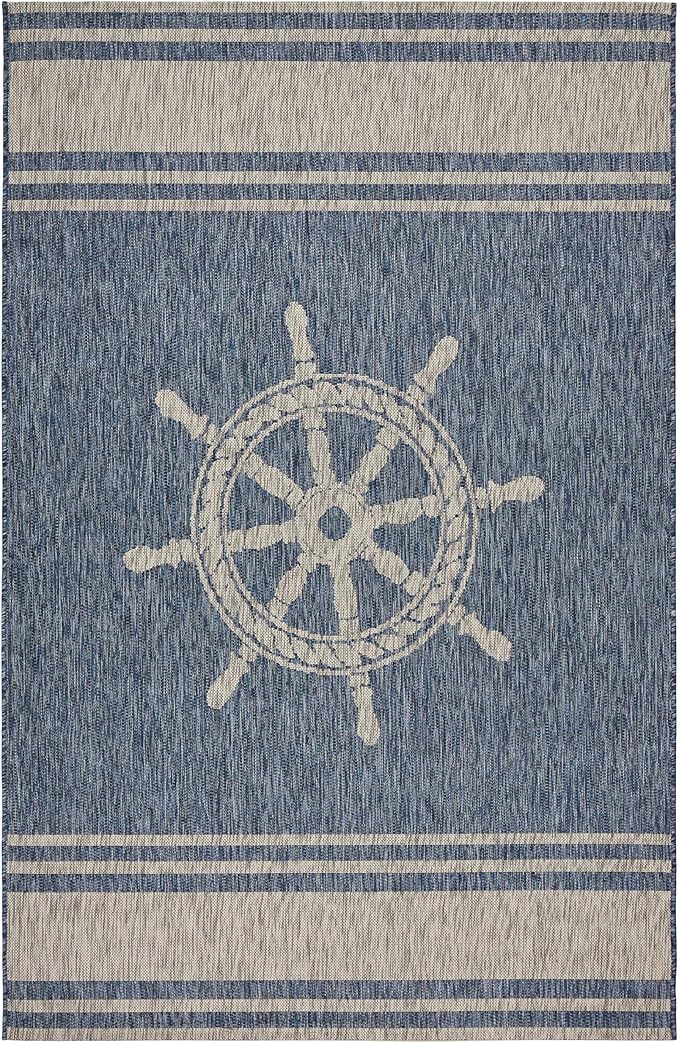 LR Home 5 x 7 Indoor/Outdoor Area Rug for Home Decor | Nautical Anchor carpet for living room, bedroom, playroom, patio, garden | Modern farmhouse rug | Denim Blue/Gray