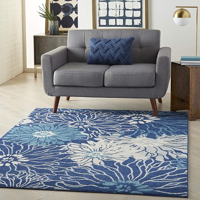 Nourison Passion Navy/Ivory 3'9" x 5'9" Area Rug, Floral, Farmhouse, Easy Cleaning, Non Shedding, Bed Room, Living Room, Dining Room, Kitchen, (4' x 6')