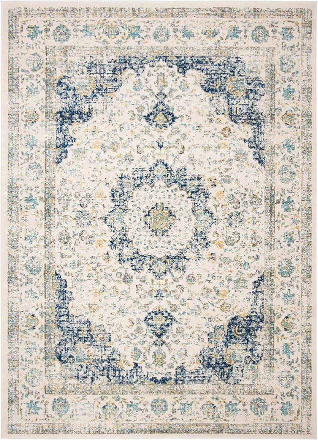 SAFAVIEH Evoke Collection Area Rug - 10' x 14', Ivory & Blue, Shabby Chic Oriental Medallion Design, Non-Shedding & Easy Care, Ideal for High Traffic Areas in Living Room, Bedroom (EVK220C)