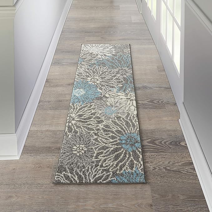 Nourison Passion Charcoal/Blue 1'10" x 6' Area Rug, Floral, Farmhouse, Easy Cleaning, Non Shedding, Bed Room, Living Room, Dining Room, Kitchen, (6' Runner)