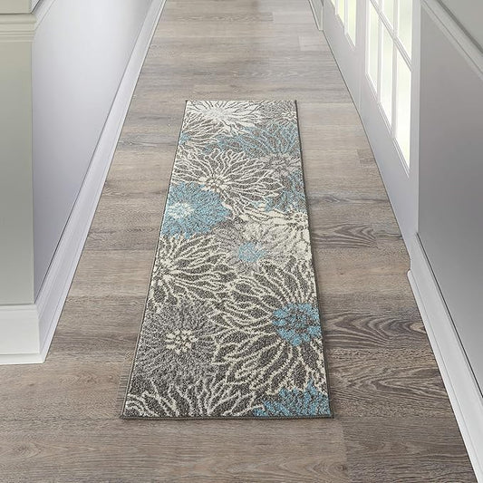 Nourison Passion Charcoal/Blue 1'10" x 6' Area Rug, Floral, Farmhouse, Easy Cleaning, Non Shedding, Bed Room, Living Room, Dining Room, Kitchen, (6' Runner)