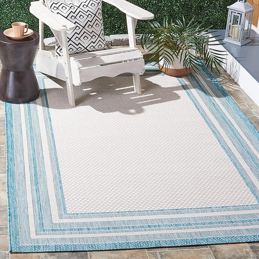 SAFAVIEH Courtyard Collection Area Rug - 5'3" Square, Ivory & Aqua, Indoor/Outdoor, Weather Resistant & Washable, Ideal for Patio, Backyard, Mudroom, Deck (CY8475)