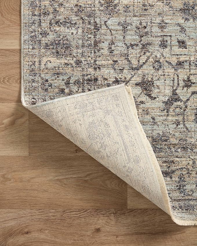 Loloi Sorrento Collection 7'-10" x 7'-10" Round Accent Rug in Mist/Charcoal - Vintage Inspired Patterned Area Rug, Unique Area Rug for Living Room, Bedroom, Dining Area