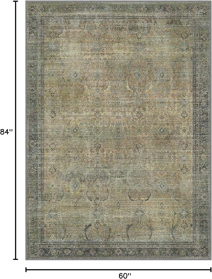 5X7 Area Rugs Machine Washable Rugs for Living Room, Vintage Boho Large Rugs for Bedroom Dining Room, Non Slip Indoor Soft Distressed Lightweight Thin Low Pile Carpet, Vintage Sunset