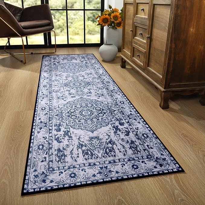YJ.GWL Area Rug 2x7, Machine Washable Hallway Runner Rug, Boho Floral Vintage Distress Print Pattern Carpet, Low Pile Lightweight Thin Rugs for Entryway, Kitchen and Corridor, Blue/White