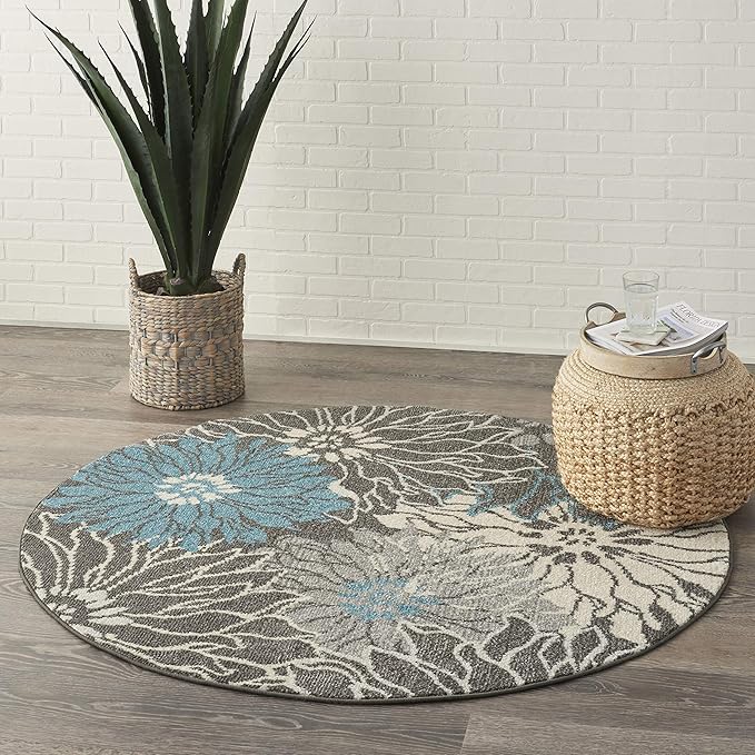 Nourison Passion Charcoal/Blue 4' x Round Area Rug, Floral, Farmhouse, Easy Cleaning, Non Shedding, Bed Room, Living Room, Dining Room, Kitchen, (4' Round)